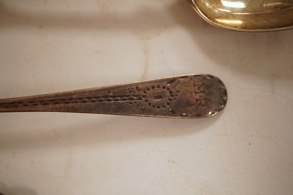 A small quantity of assorted 18th and later silver flatware, including two George III Old English pattern table spoons 11.6oz.